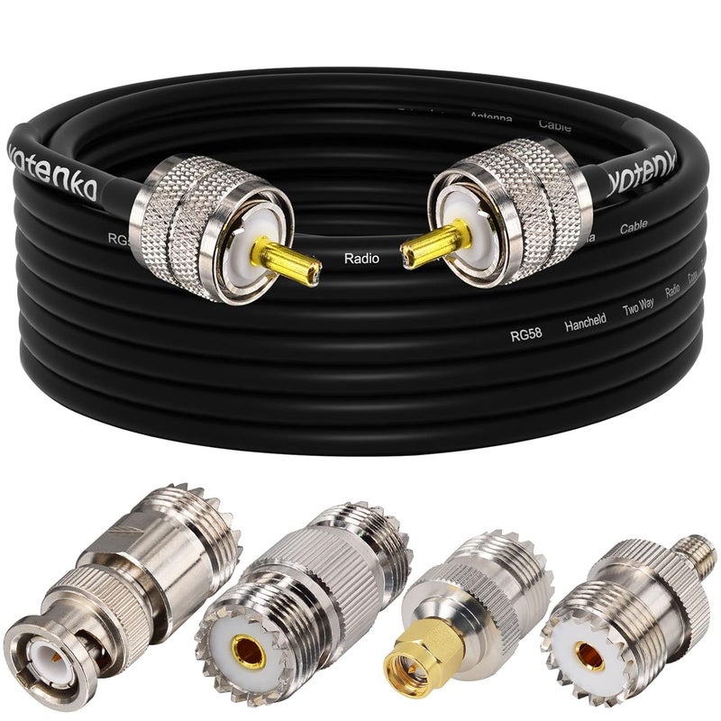 YOTENKO CB Coax Cable, RG58 Coaxial Cable 25Ft, UHF PL259 Male to Male + SO239 Female to SMA/UHF/BNC Adapter 4-Pack for CB Radio Antenna, Ham Radio, SWR Meter, HF Radio - Image 1
